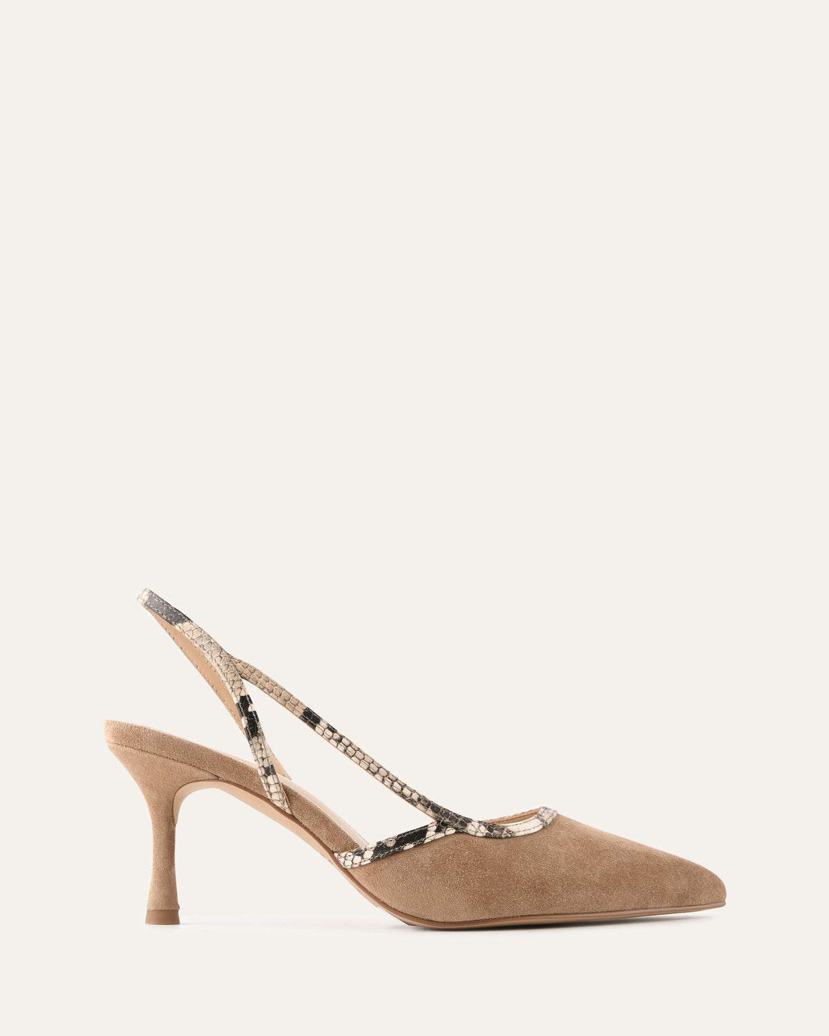 Beige high-heeled shoe with a slingback design on a white background