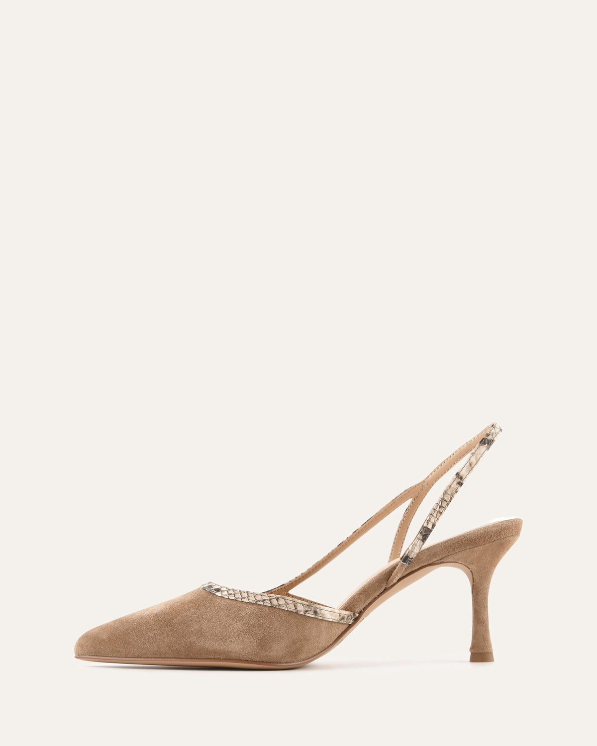 Beige high-heeled shoe with embellishments on a white background