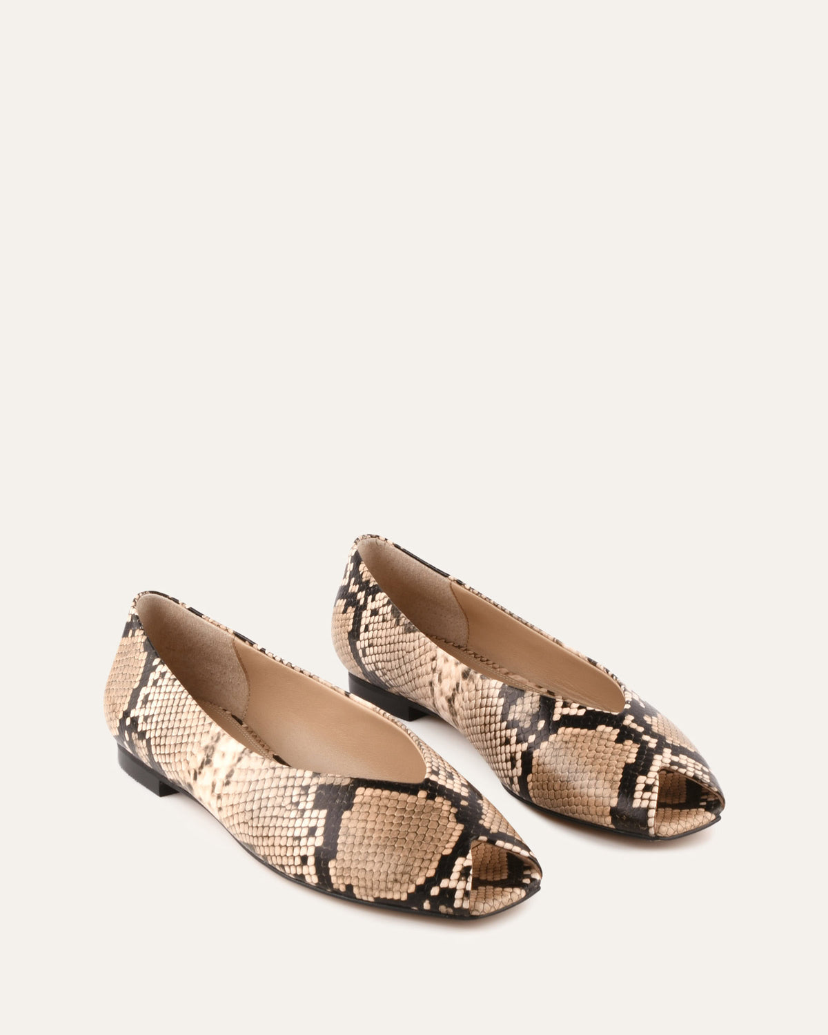 Pair of snake print shoes on a light beige background