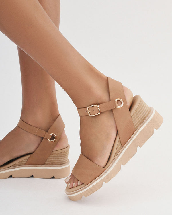 KATIE MID HEEL WEDGE SANDALS TAN LEATHER Jo Mercer