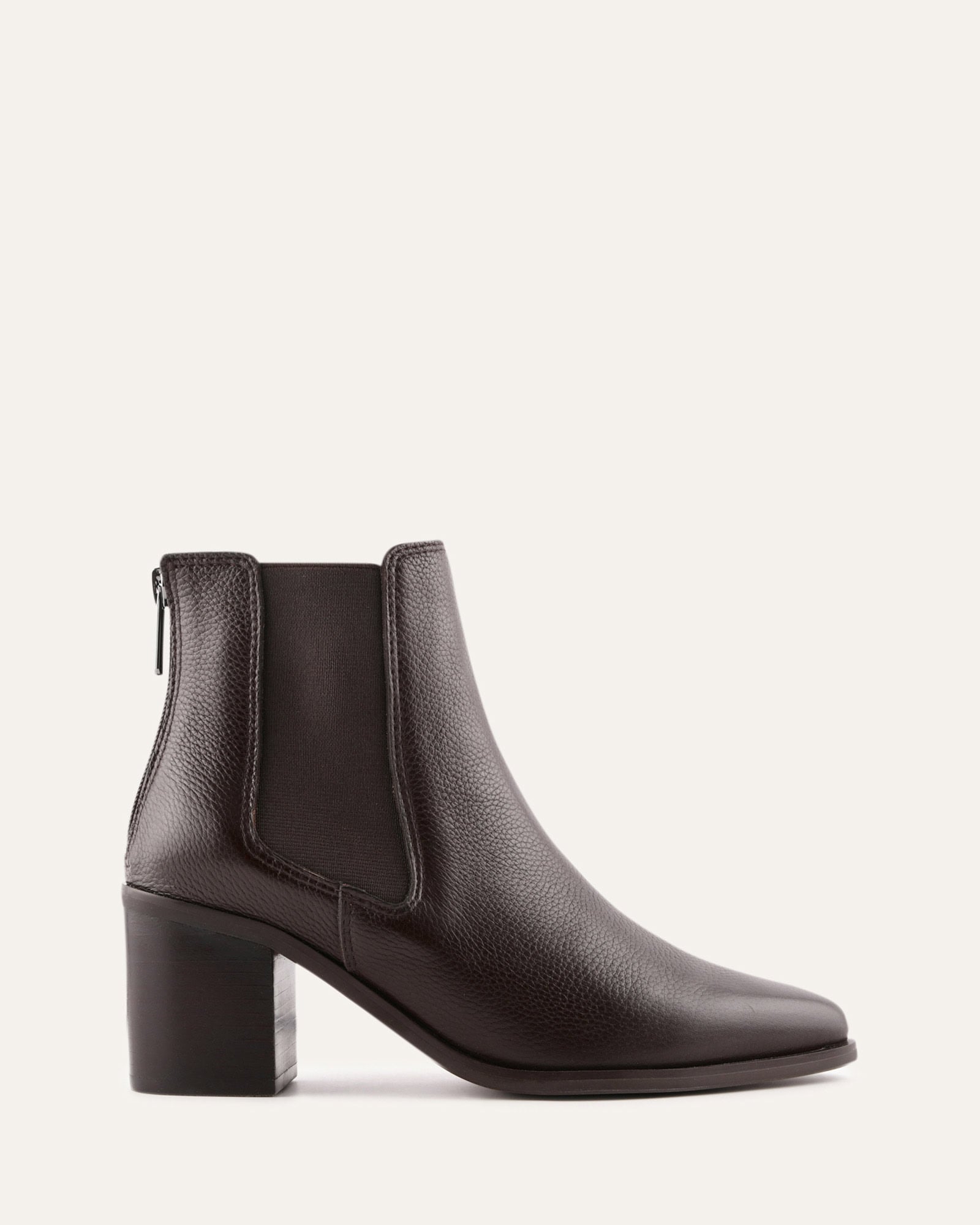 Dark brown leather ankle boot on a light gray background