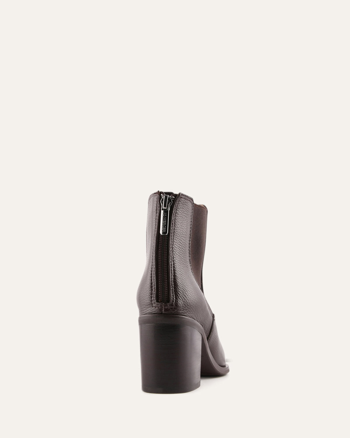 Gray ankle boot with a block heel on a white background