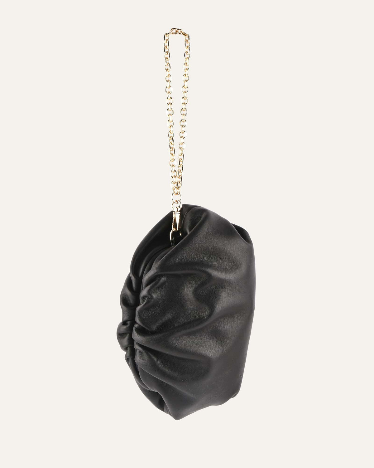 Black clutch bag with a gold chain on a white background