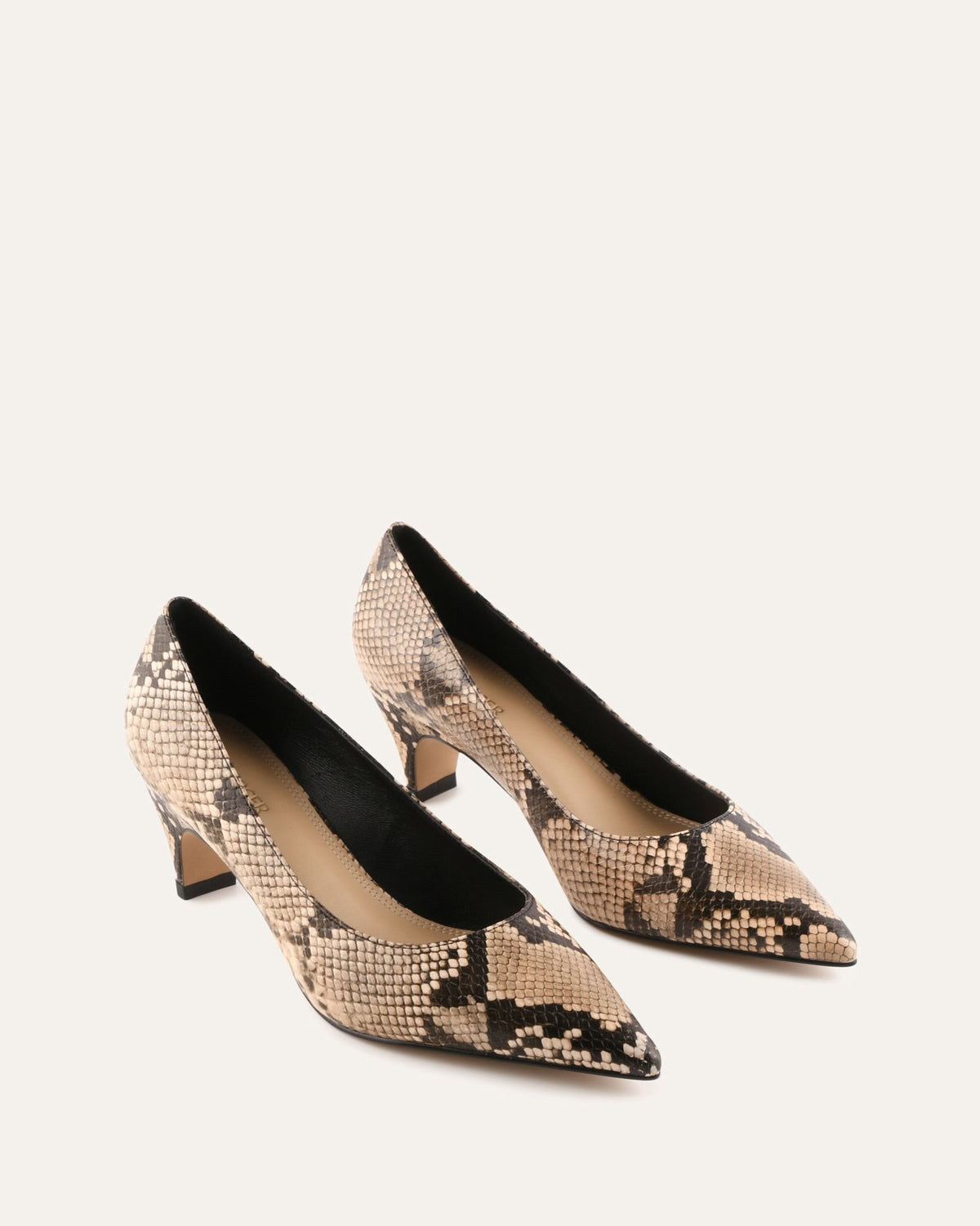 Pair of snake print high heels on a white background