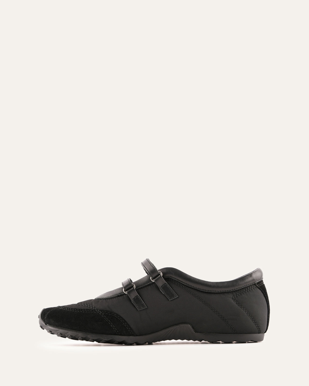 Black shoe with gray accents on a white background