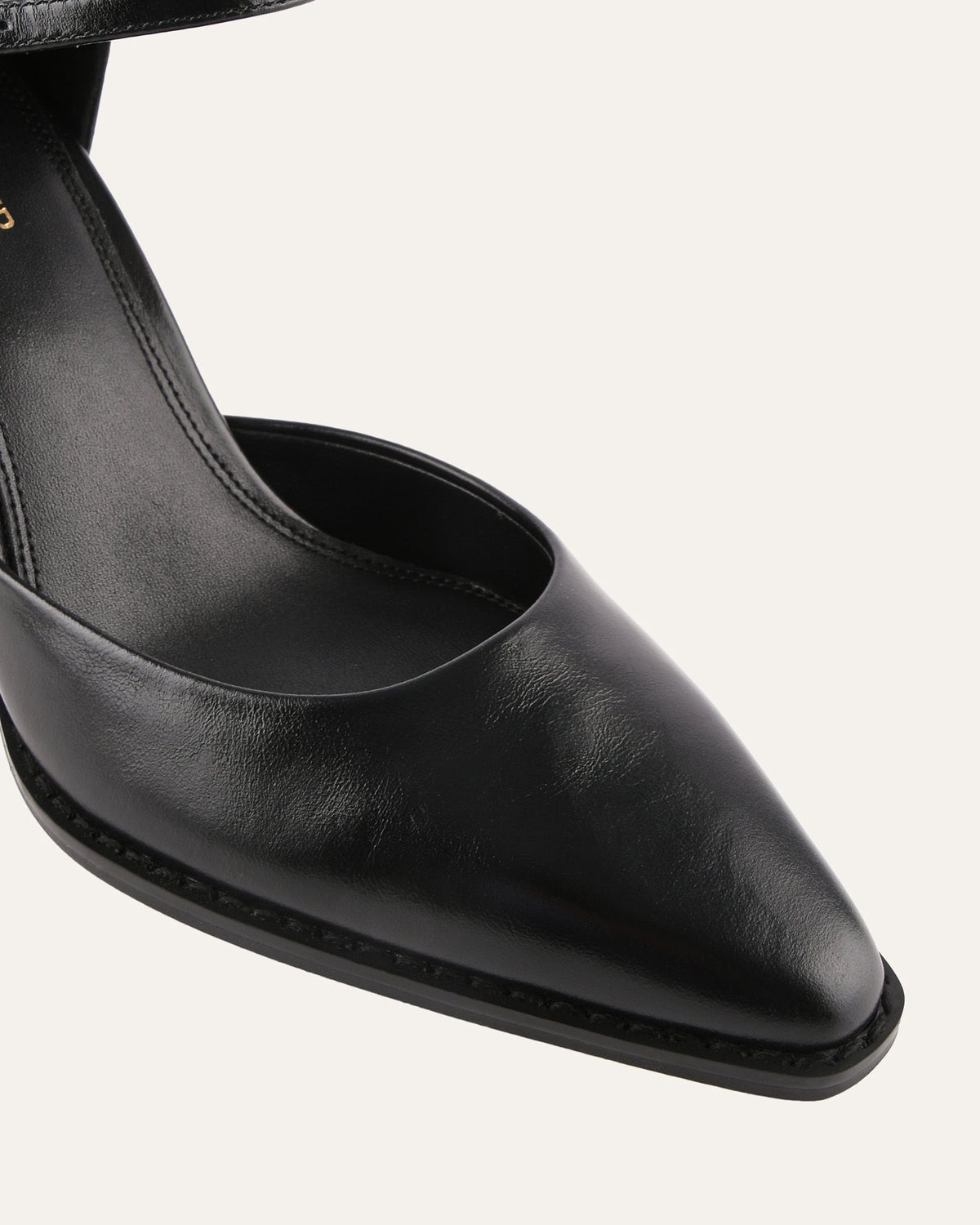 Black pointed-toe shoe on a light gray background