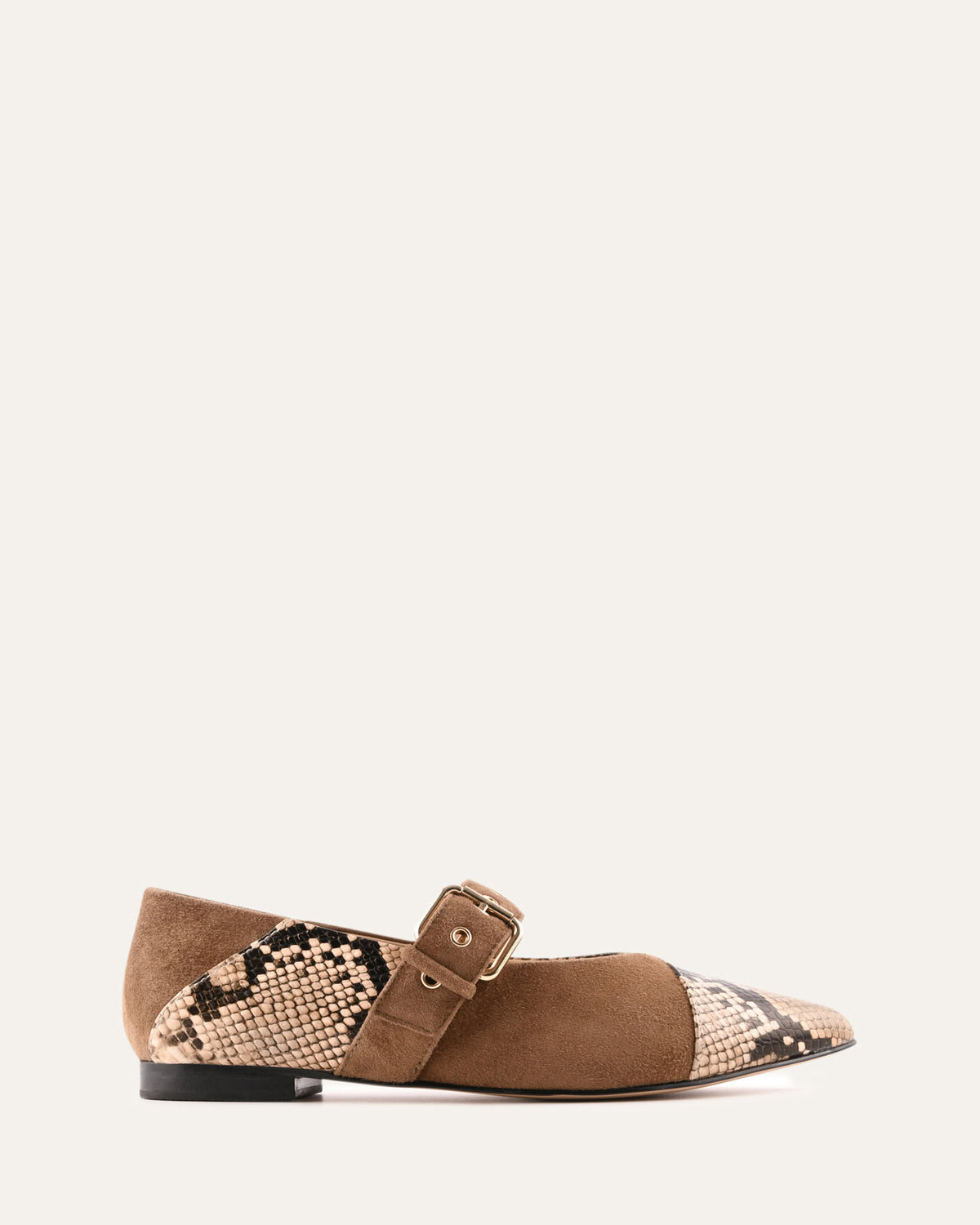 Brown flat shoe with snake print cap toe on a white background