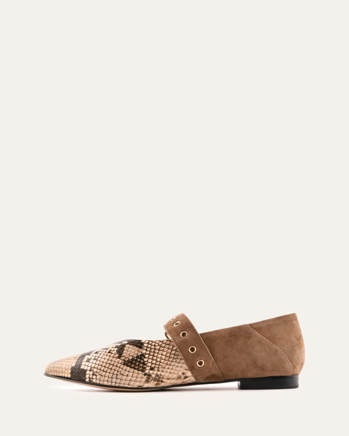 Brown flat shoe with snake print strap on a white background