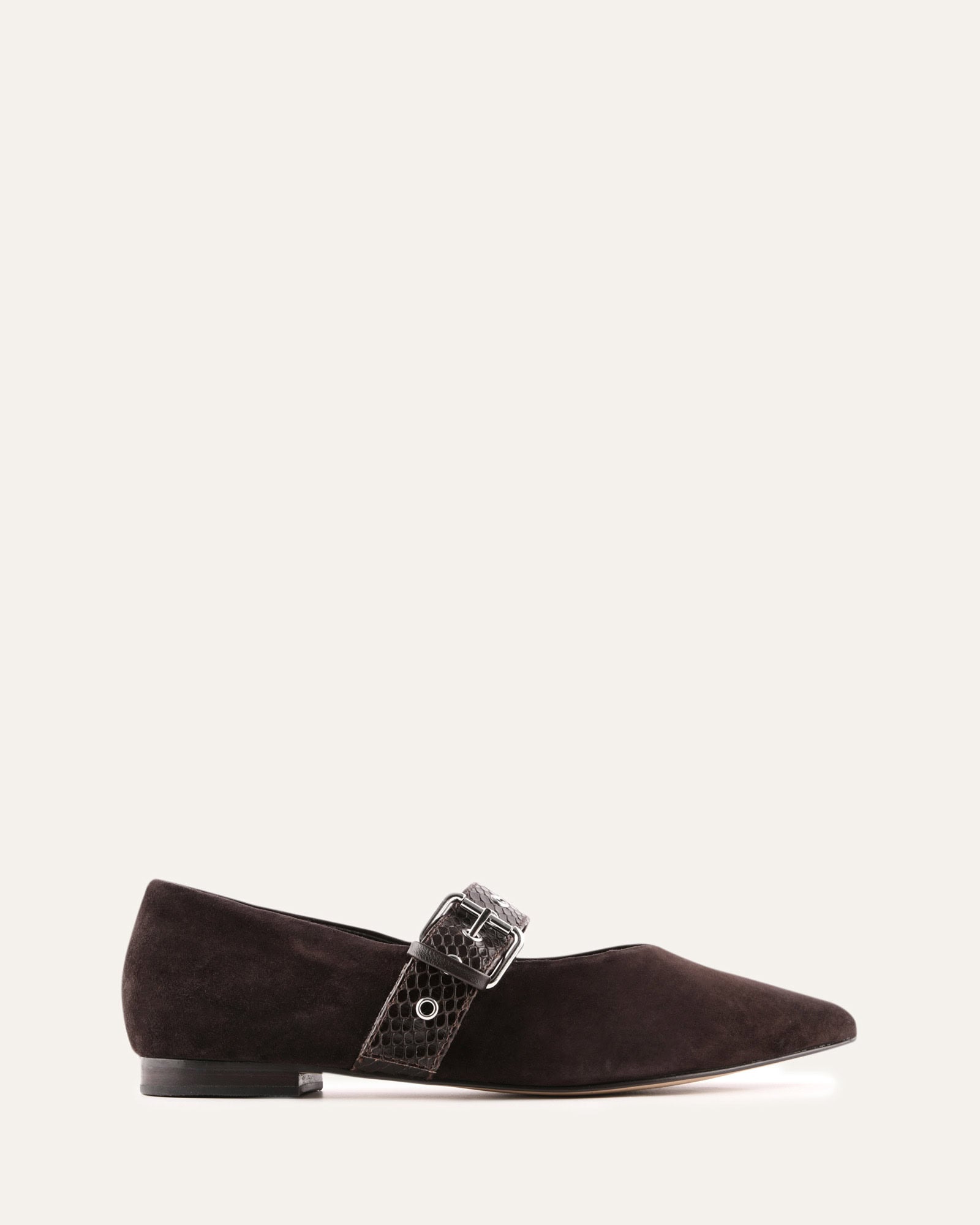 Brown suede flat shoe with a buckle on a white background