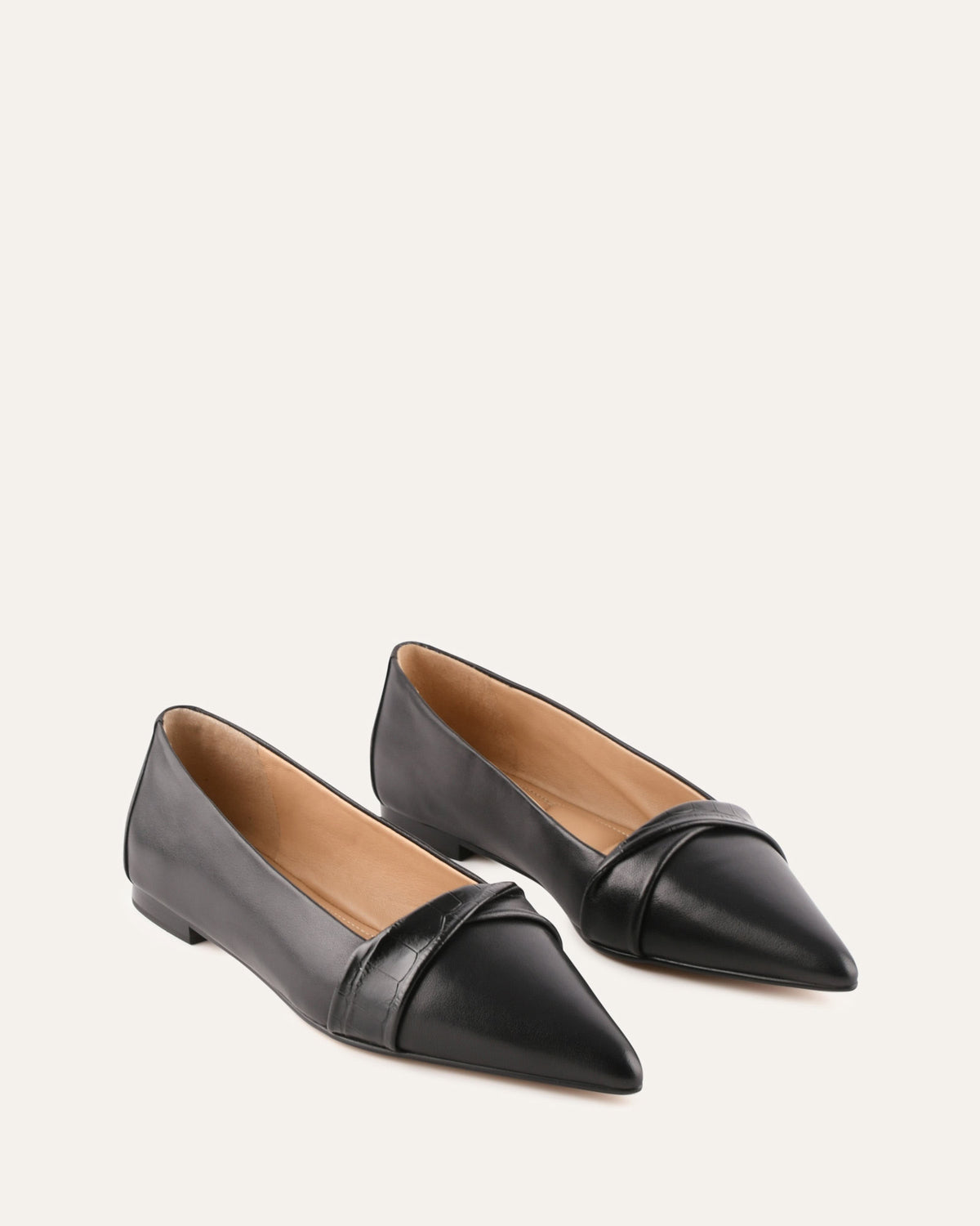 Pair of black pointed-toe shoes on a light beige background
