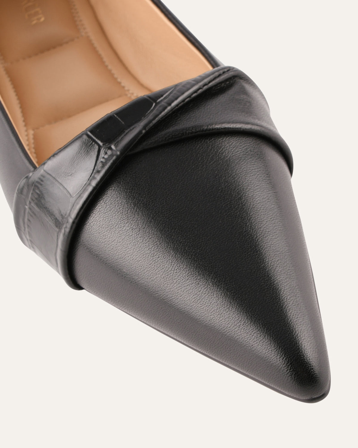 Black pointed-toe shoe on a light gray background