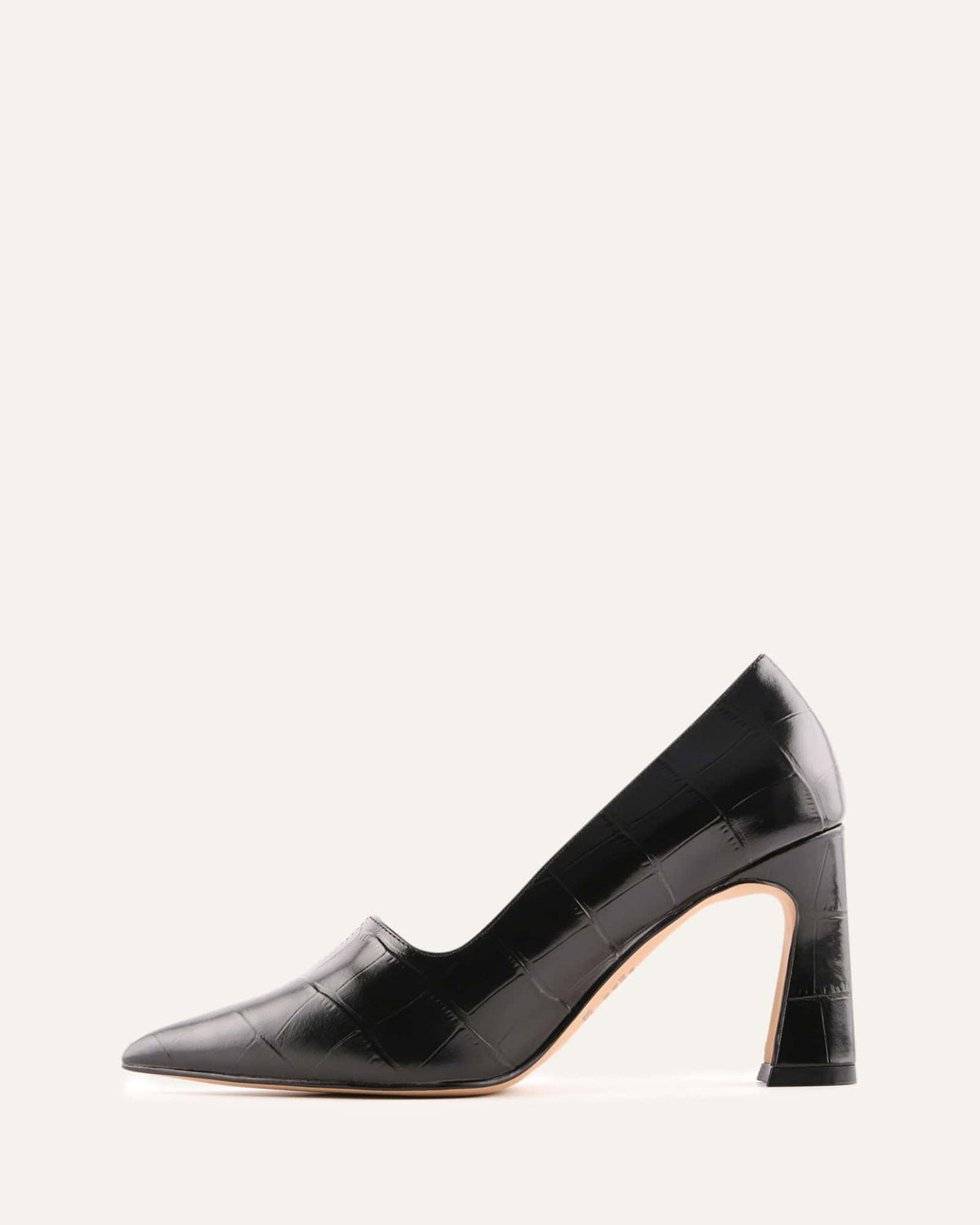 Black high-heeled shoe on a white background