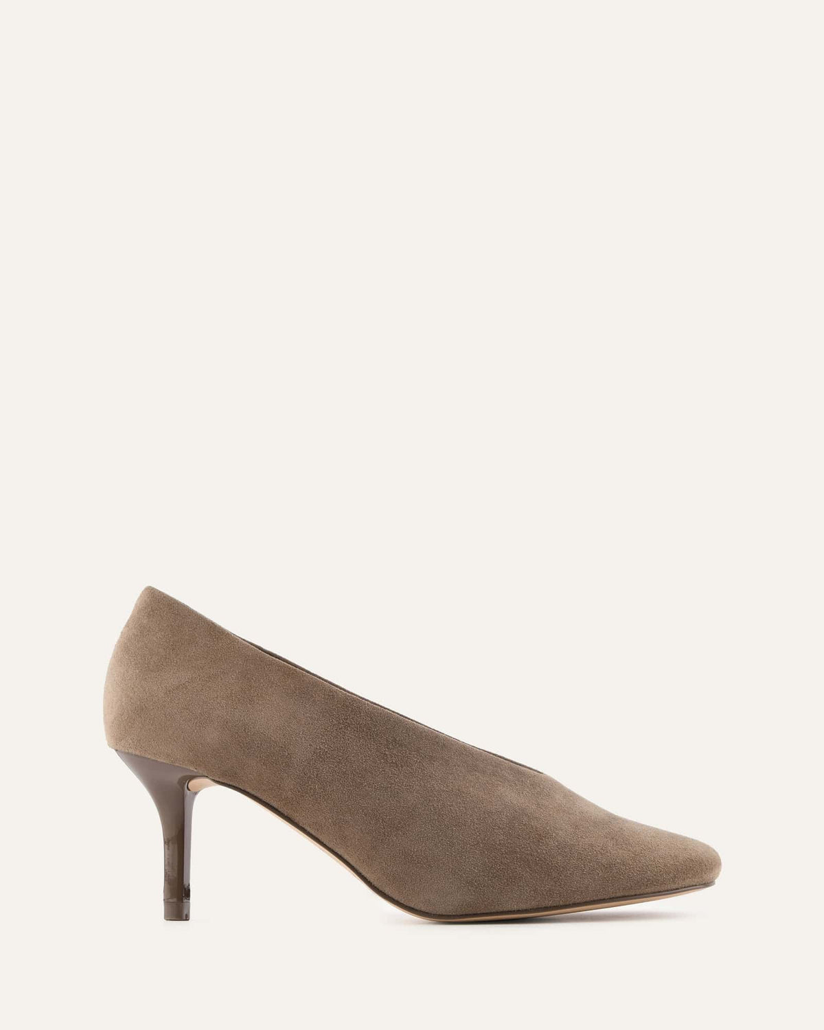 Brown suede high heel shoe on a white background
