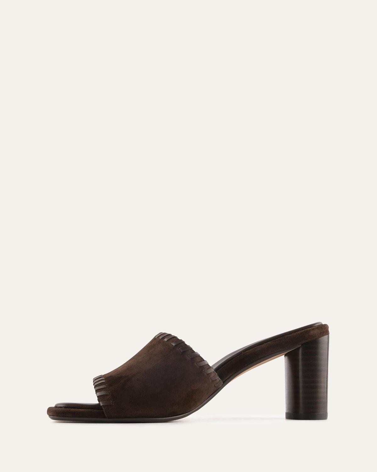 Brown sandal with a block heel on a white background