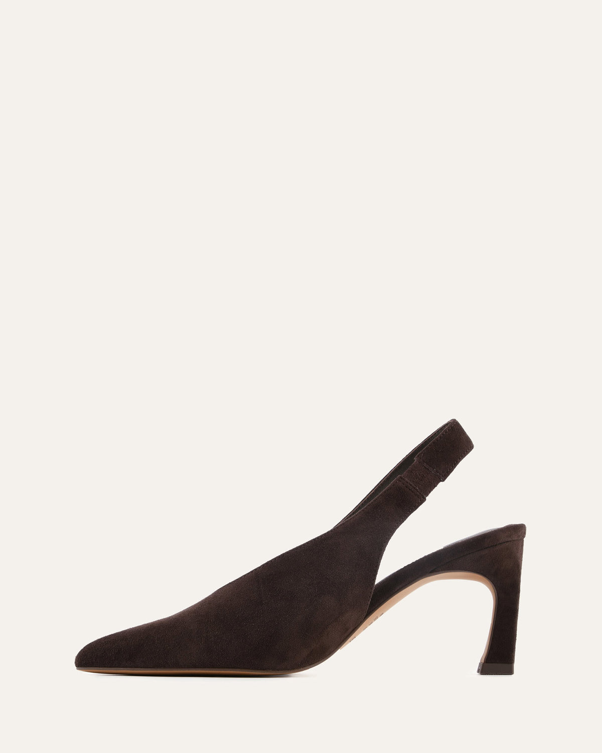 Brown suede slingback shoe on a white background