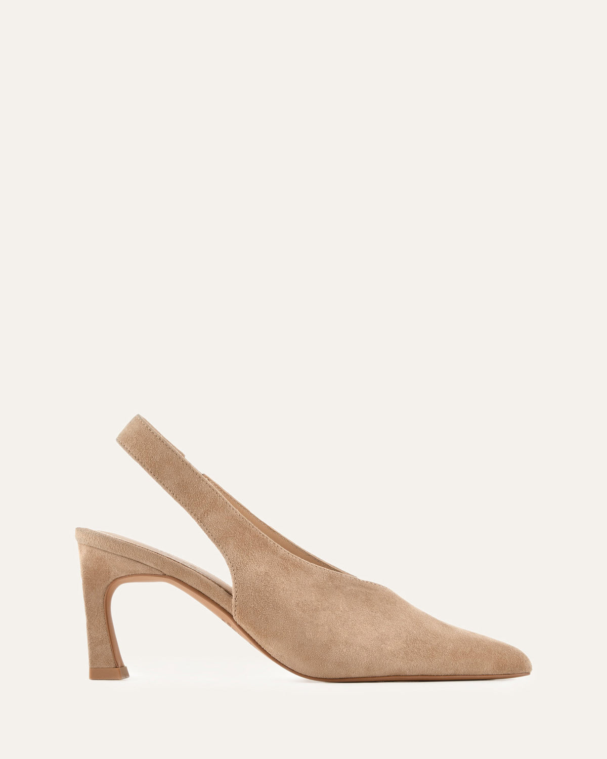 Beige suede slingback shoe on a light beige background