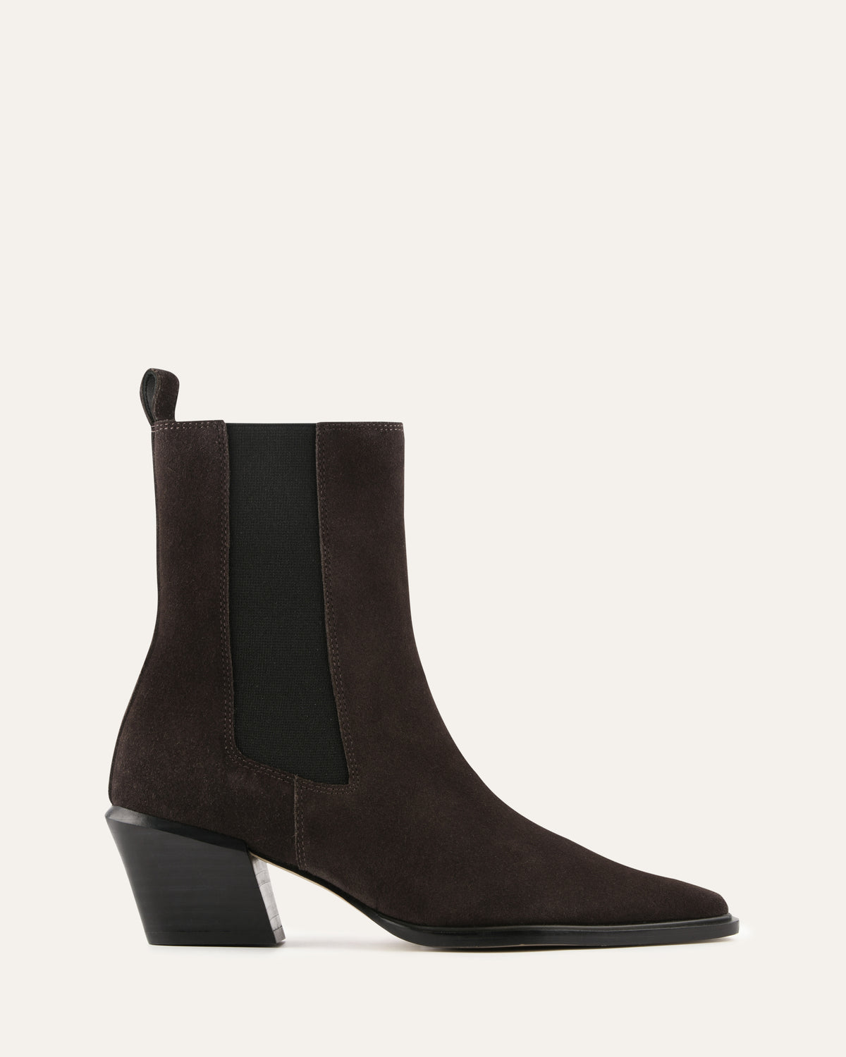 Brown suede ankle boots with a black block heel on a light gray background