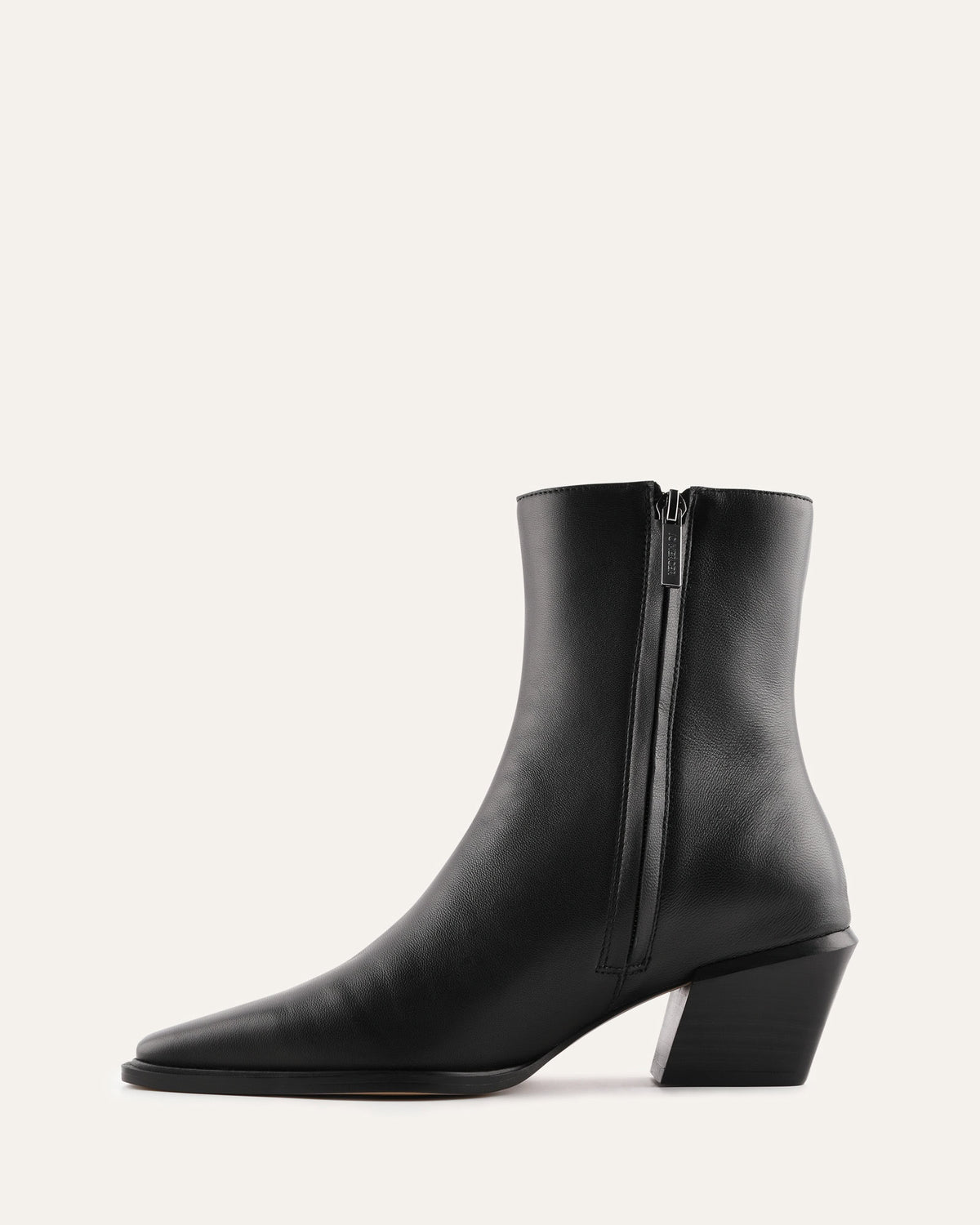 Black ankle boot with a zipper on a white background
