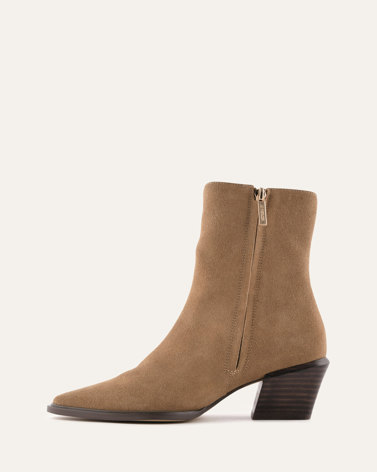 Tan ankle boot with a zipper on a white background