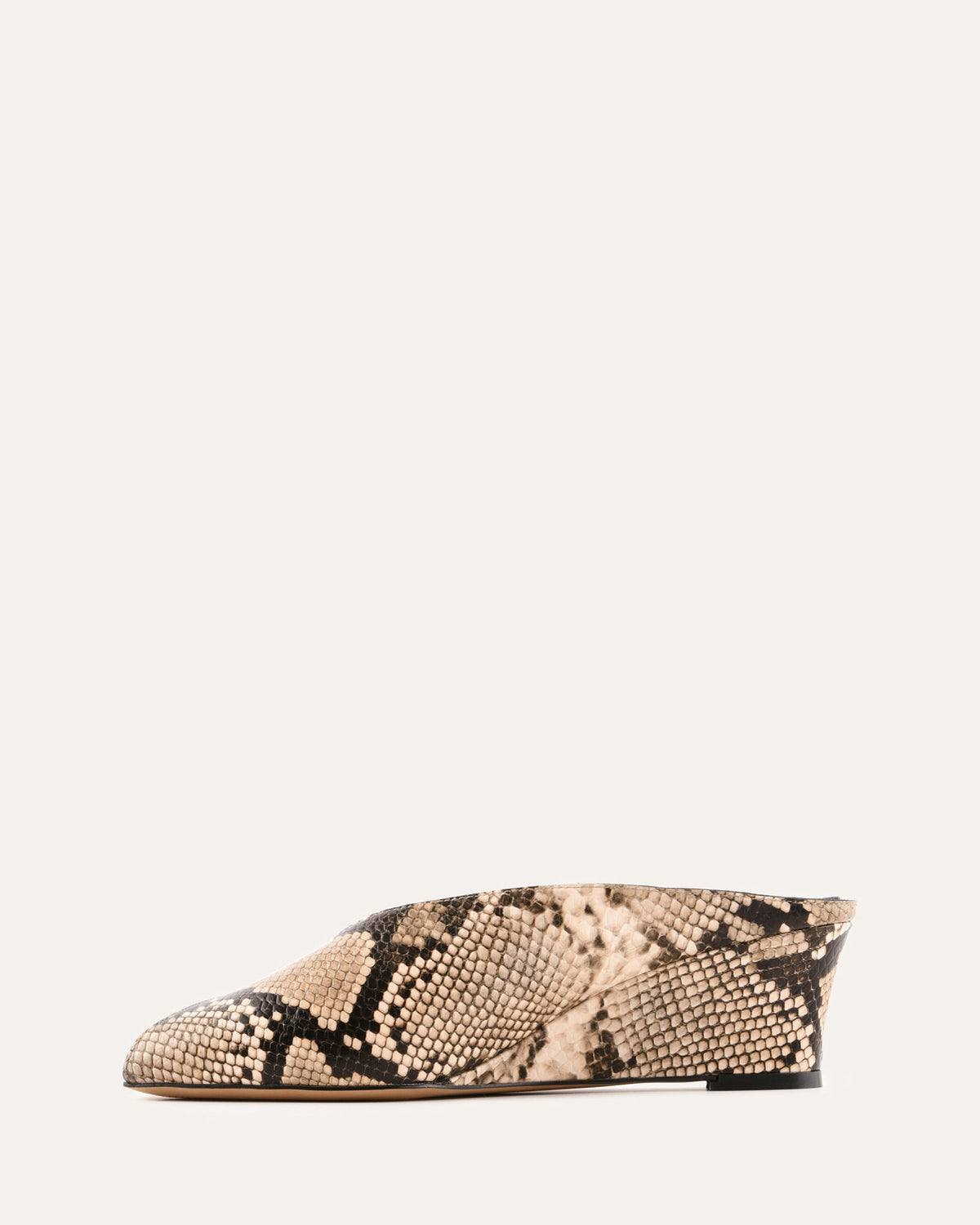 Snake print flat shoe on a light beige background