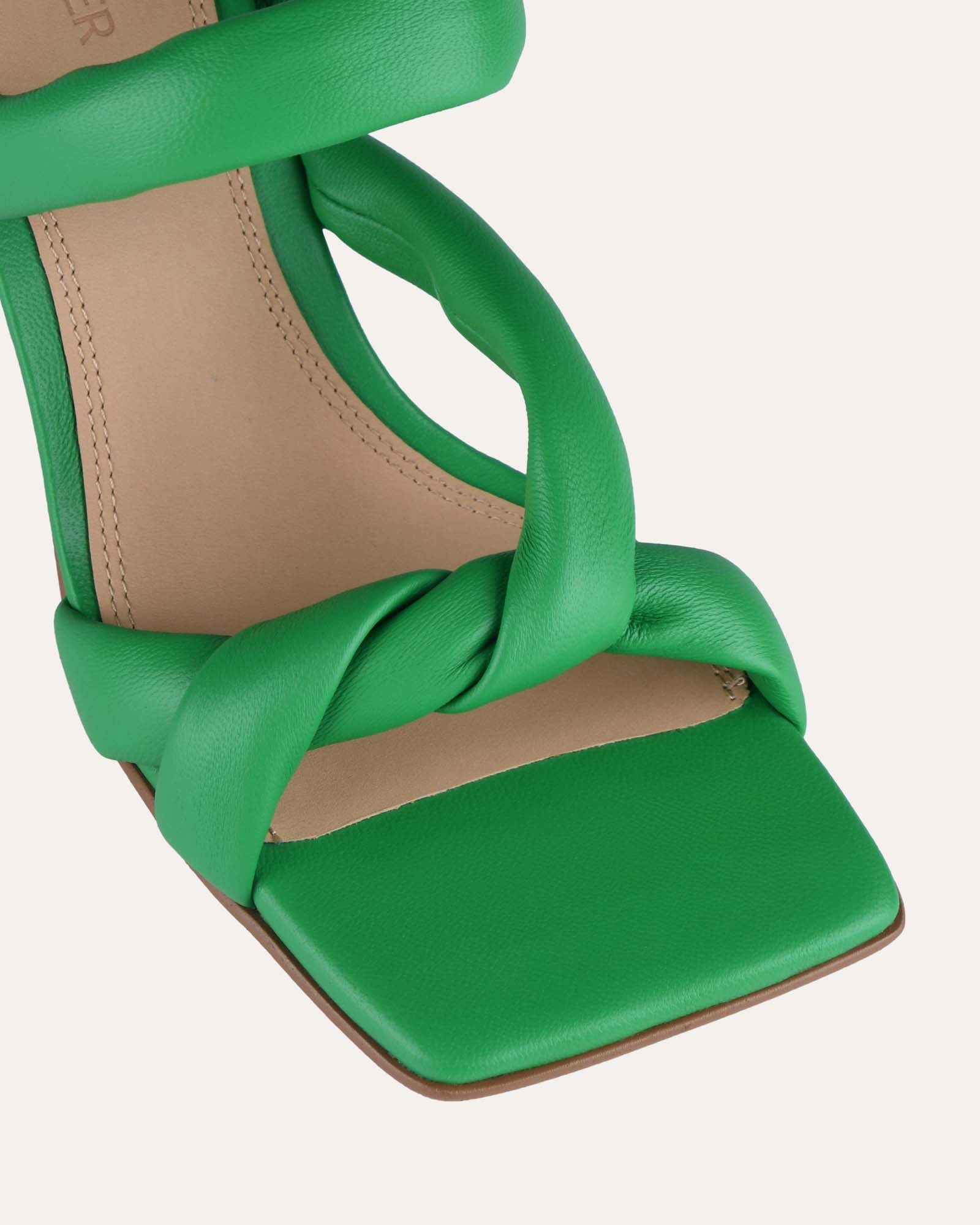 GEO HIGH HEEL SANDALS EMERALD GREEN LEATHER Jo Mercer