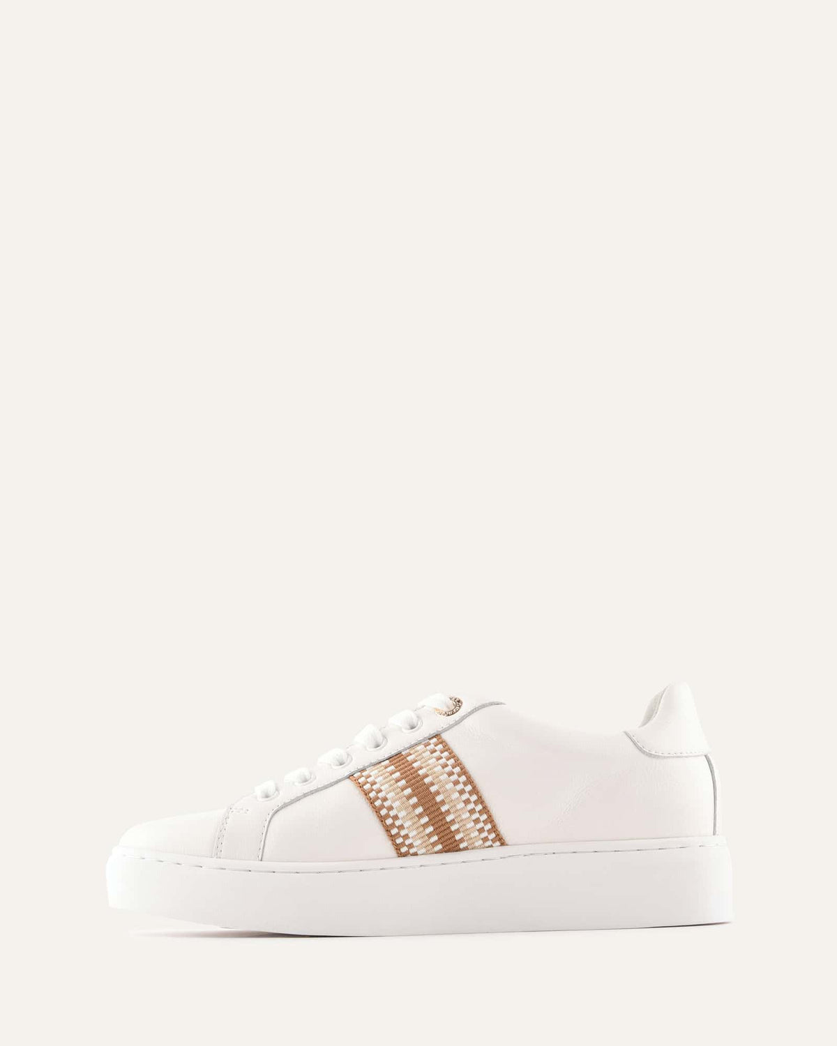 White sneaker with a gold stripe on a light gray background
