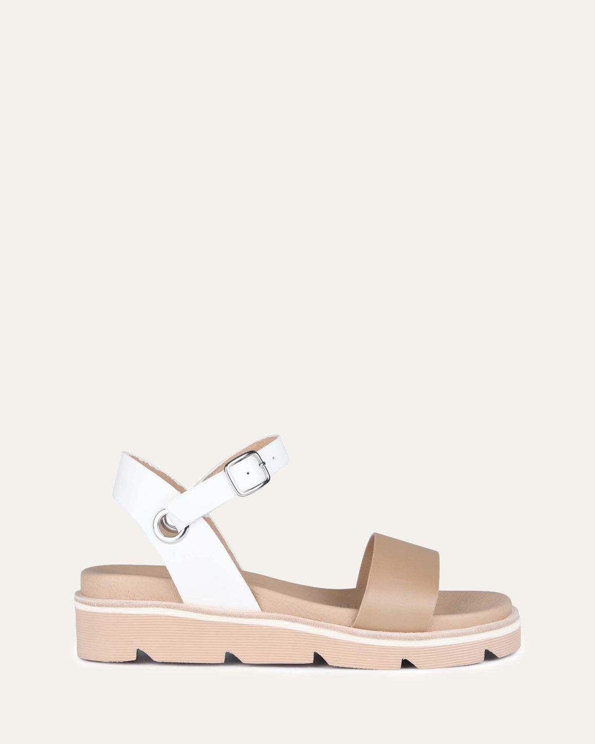 ILLUSION FLAT WEDGE SANDALS WHITE TAN LEATHER