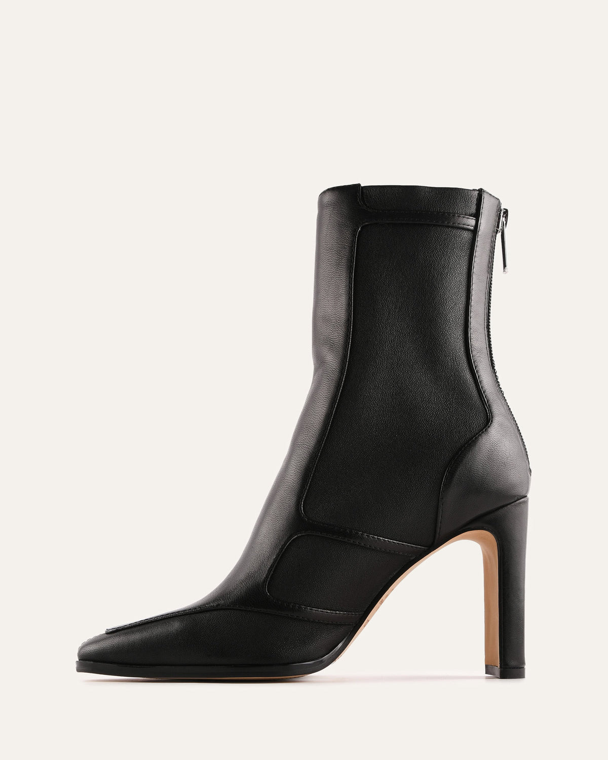 Black ankle boot with a high heel on a white background
