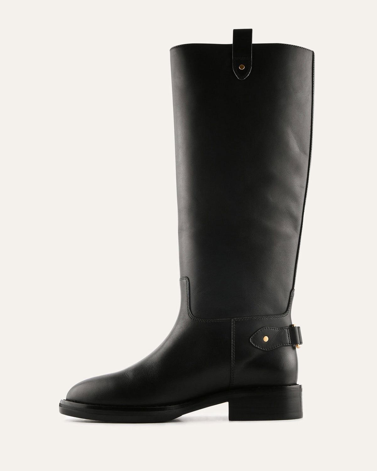 Black leather knee-high boot on a white background