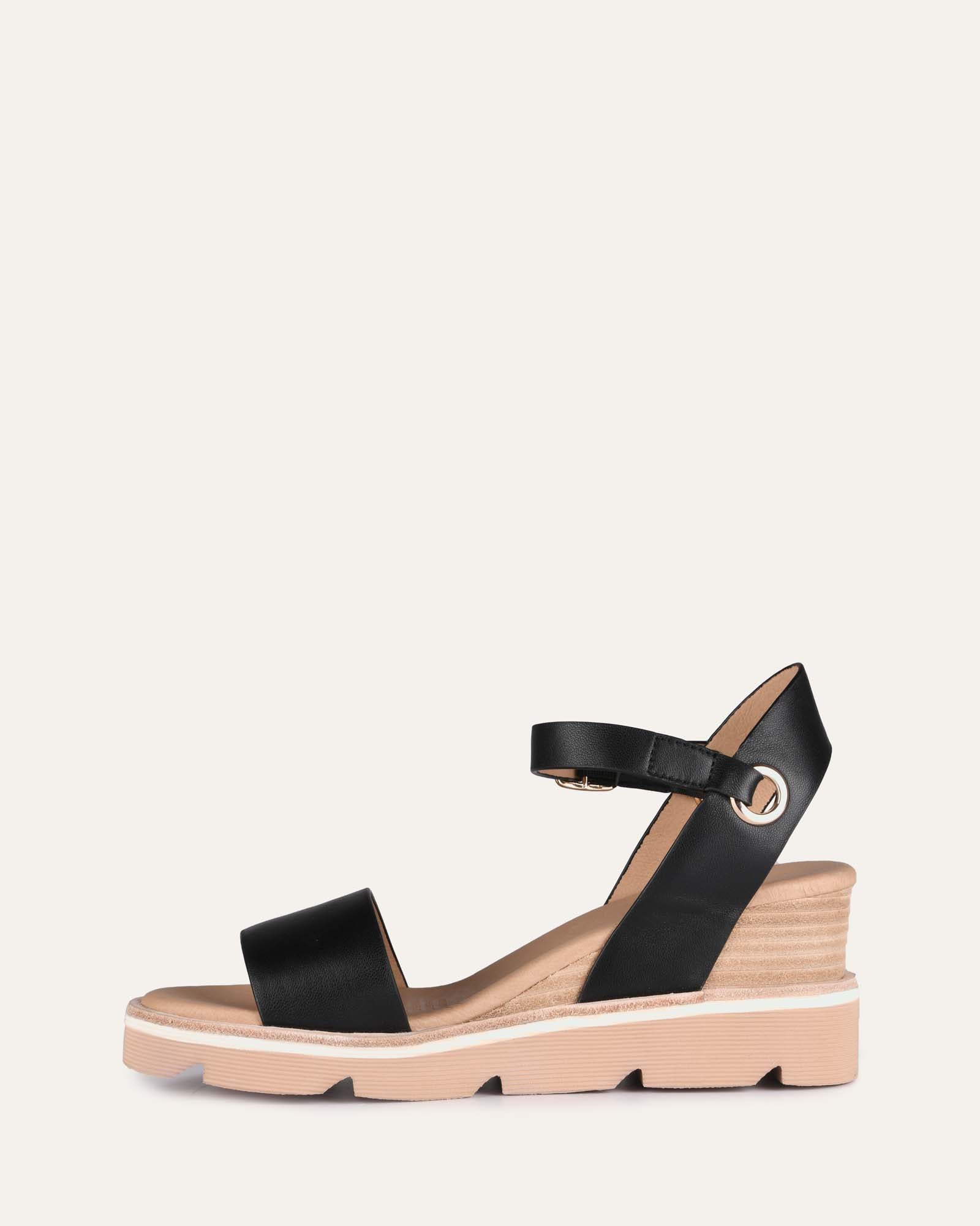 KATIE MID HEEL WEDGE SANDALS BLACK LEATHER - Jo Mercer