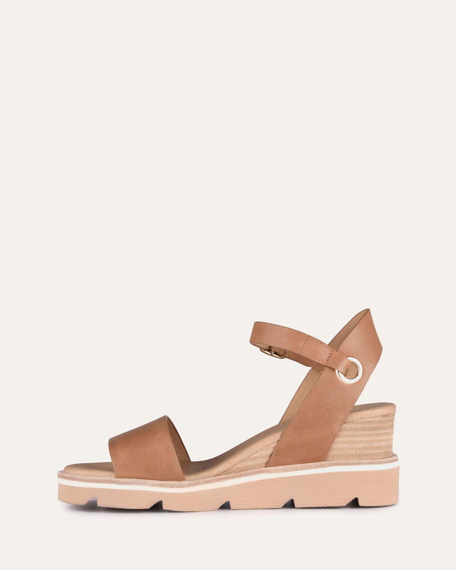 KATIE MID HEEL WEDGE SANDALS TAN LEATHER image