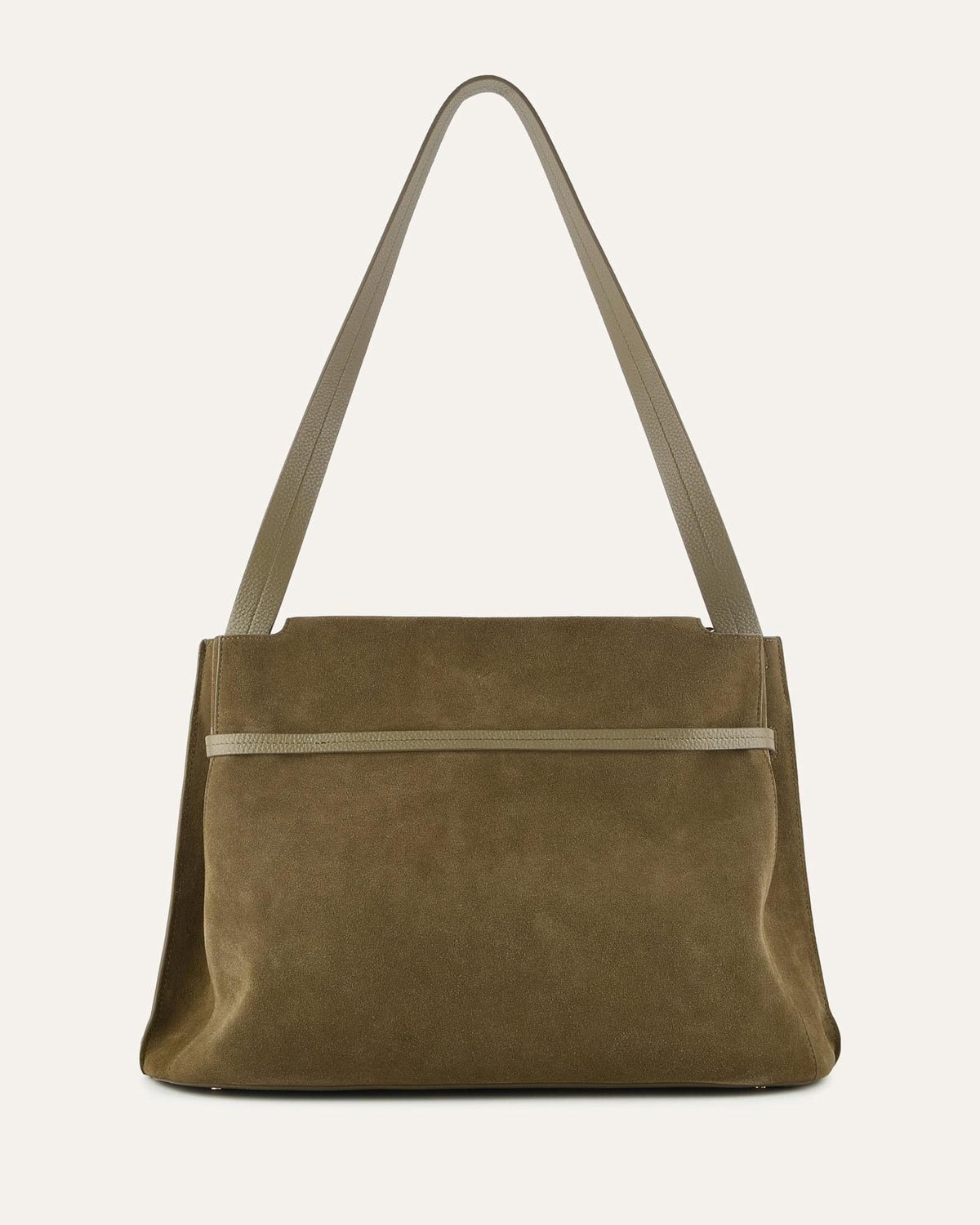Brown suede handbag with a shoulder strap on a light gray background