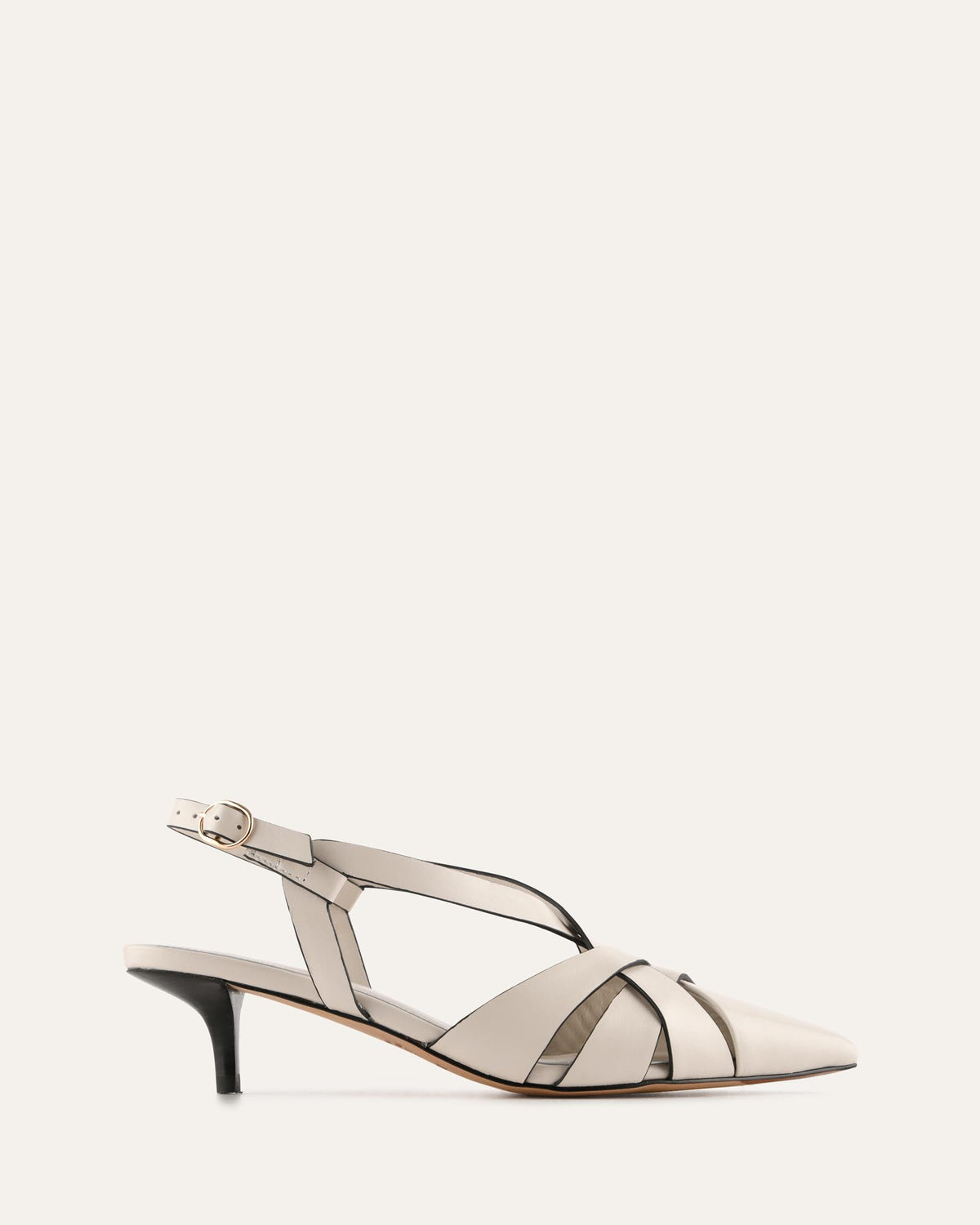 A single women's slingback sandal with a pointed toe, strappy design, and a low kitten heel, shown in a light beige leather on a solid off-white background.