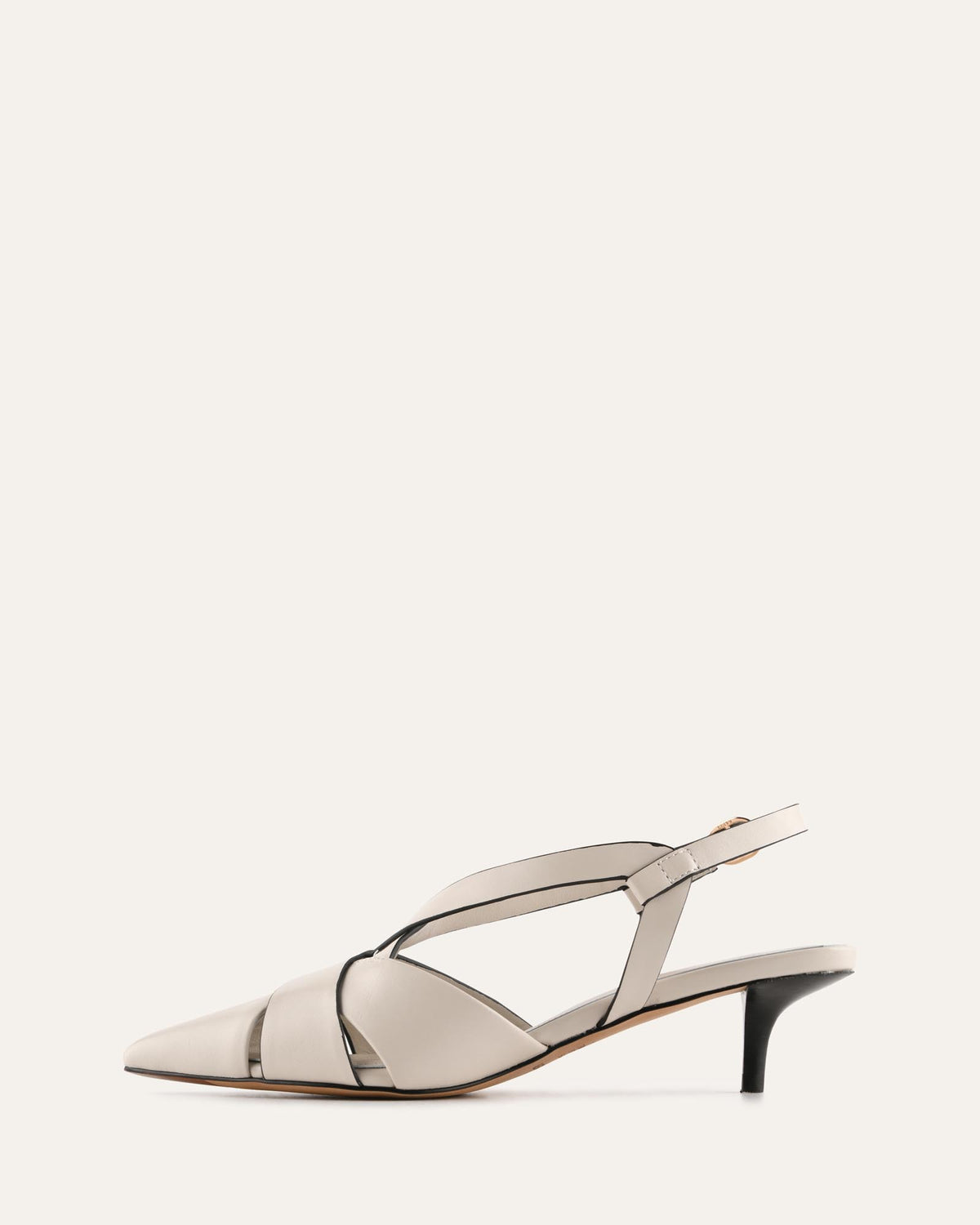 A single women's pointed-toe heeled sandal in a light warm gray or off-white leather, featuring criss-crossing straps and a slim black heel, shown in profile against a solid off-white background.