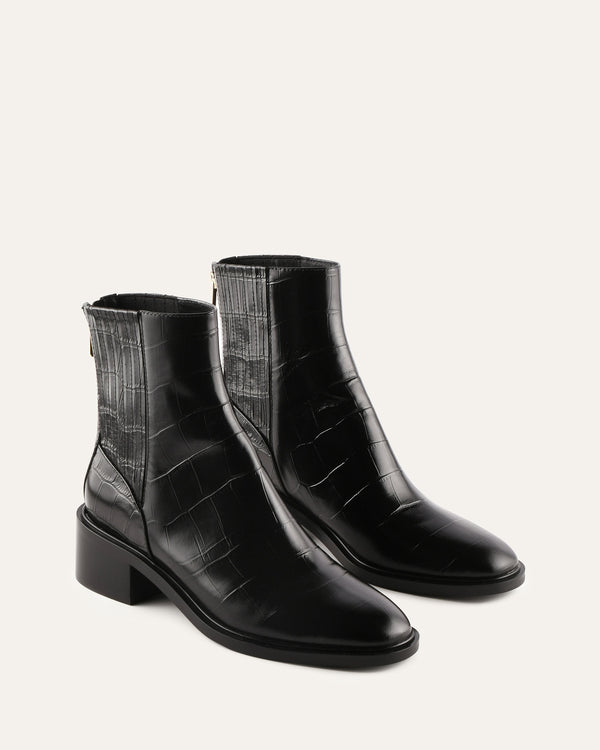MASON FLAT ANKLE BOOTS BLACK CROC - Jo Mercer