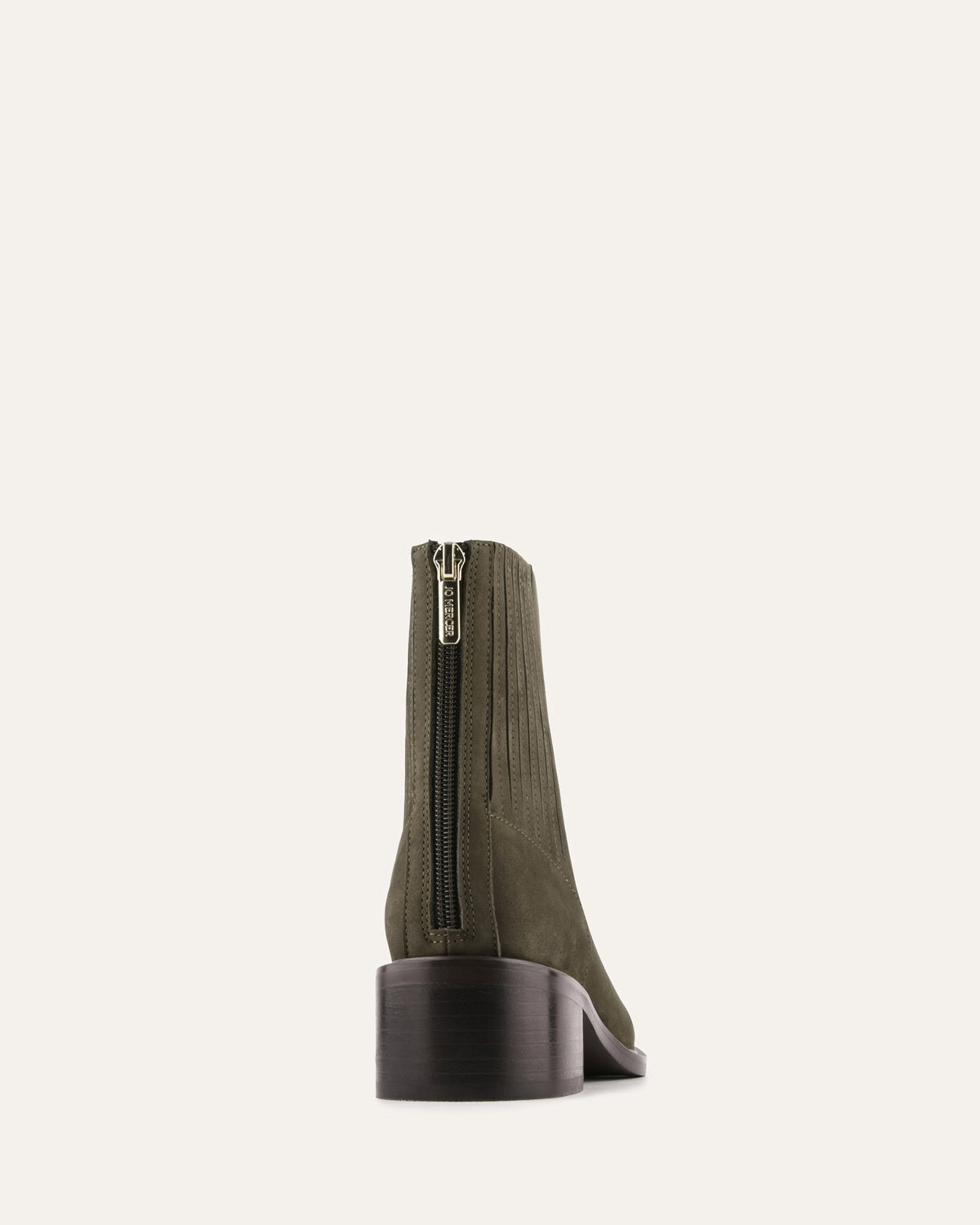Green suede boot with a zipper on a white background