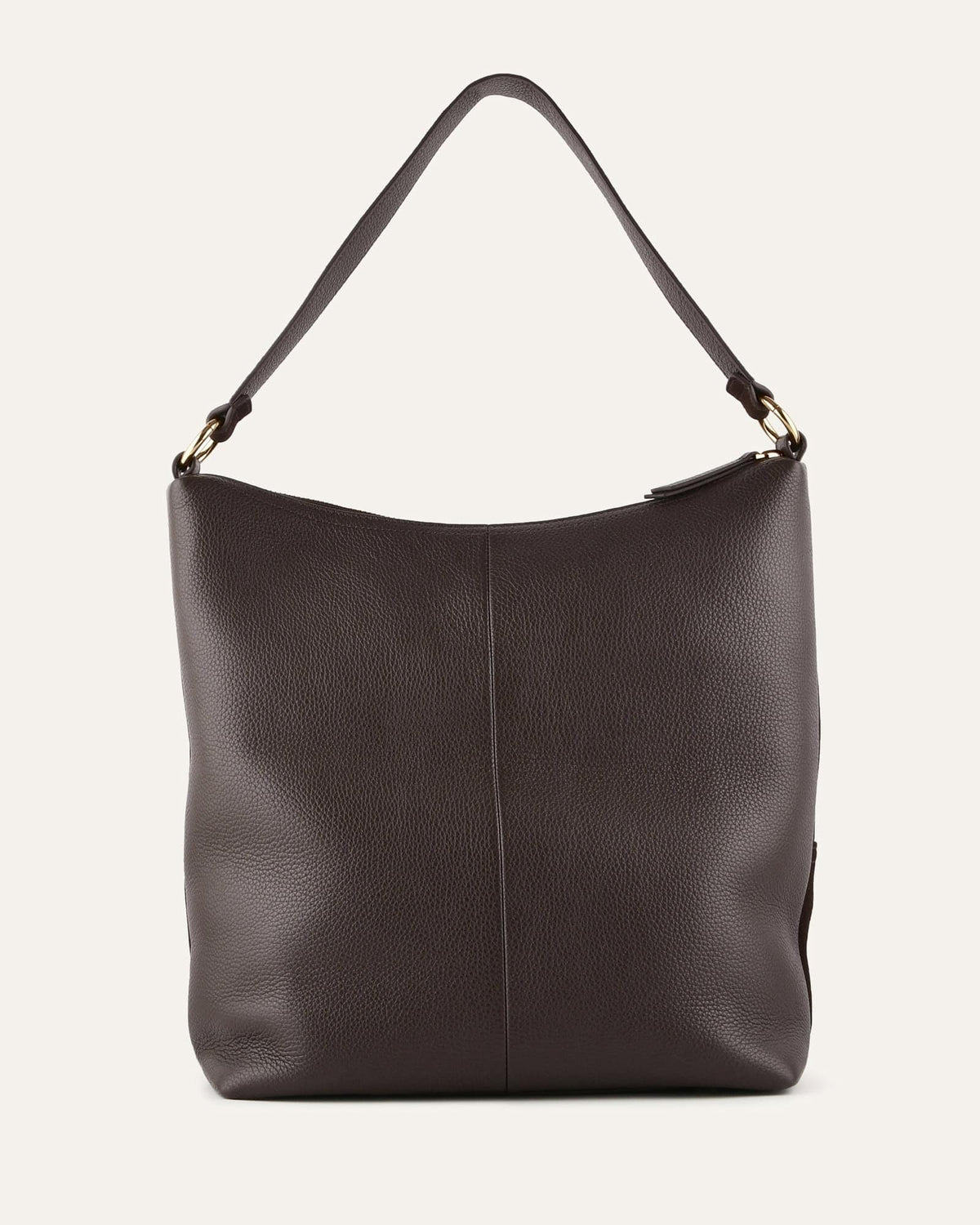 Dark brown leather handbag on a light gray background