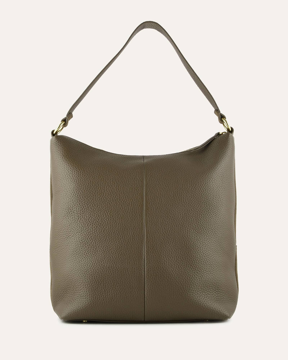 Brown leather handbag on a light beige background