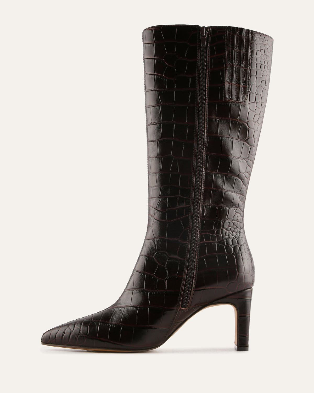 Brown crocodile-patterned knee-high boots on a white background