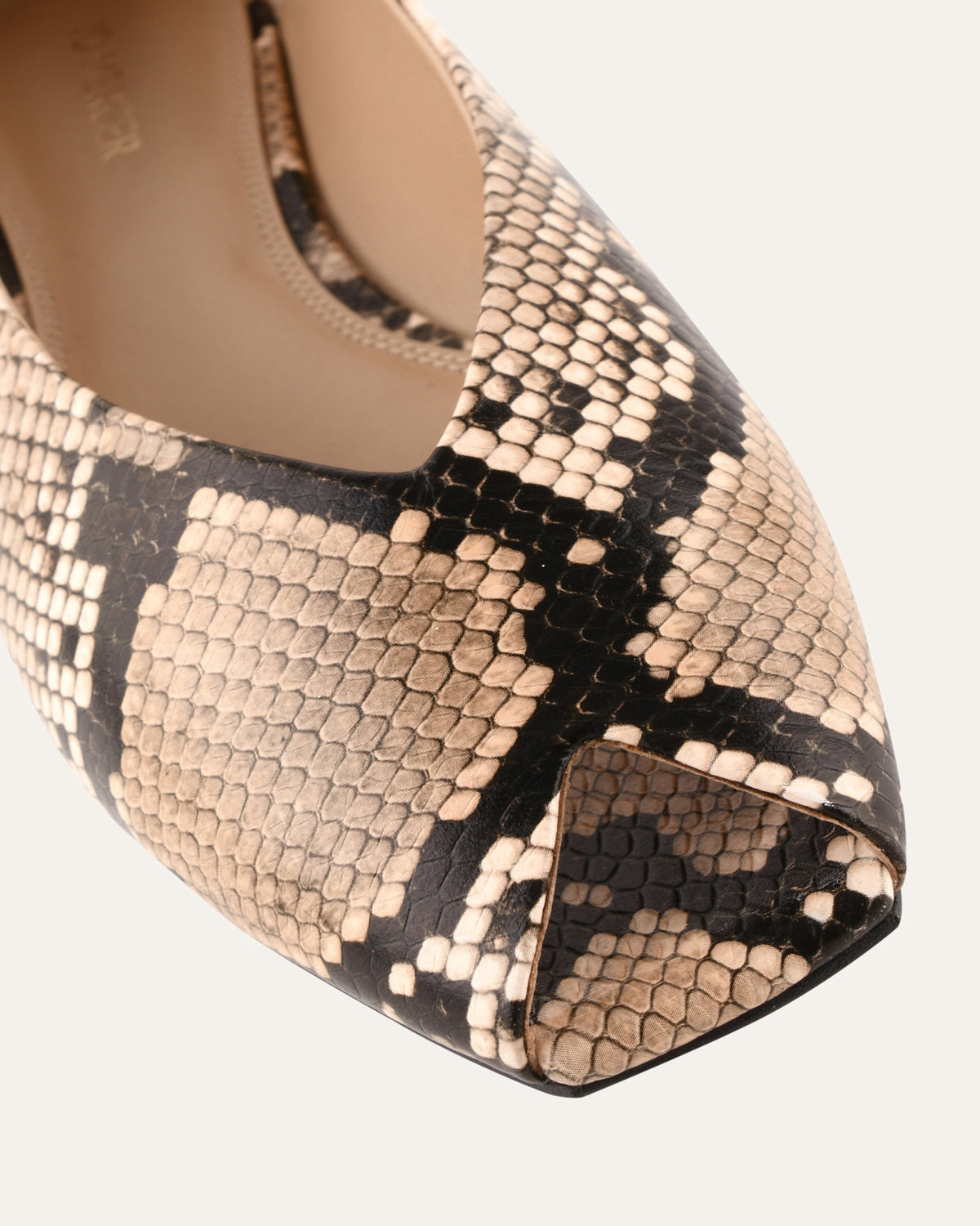 Close-up of a shoe with snake print pattern on a white background