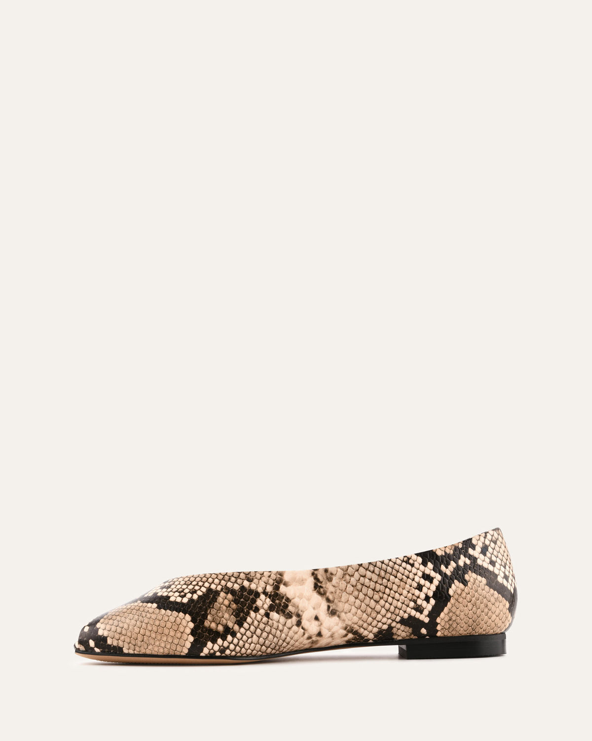 Snake print flat shoe on a light beige background