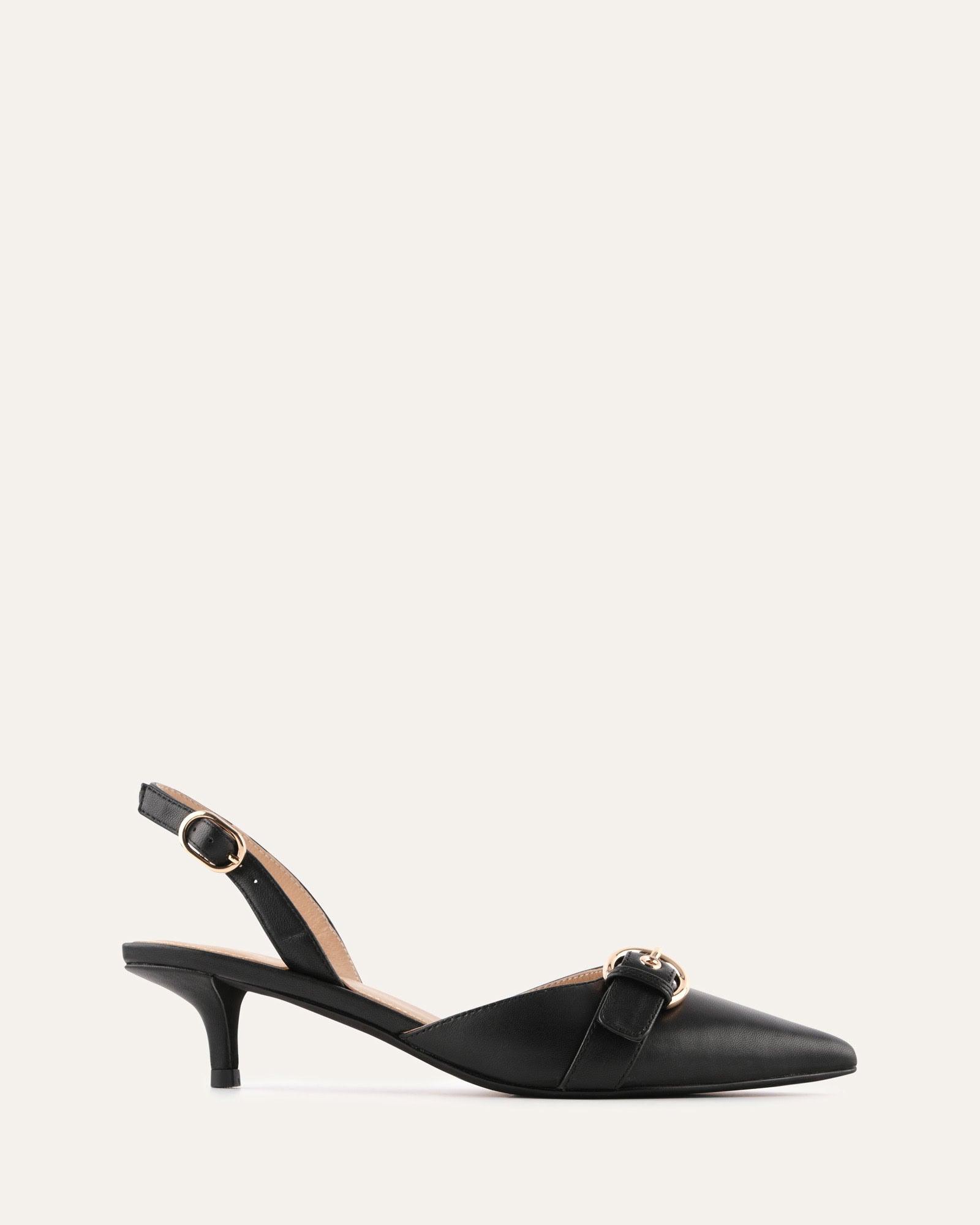 Black slingback heel with gold buckle on a white background