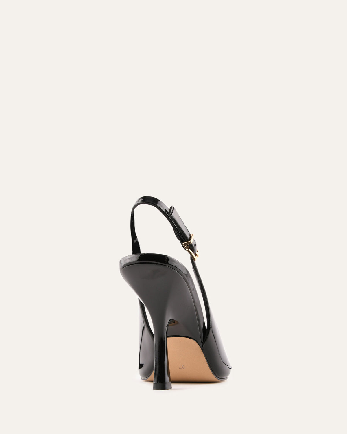 Black high-heeled shoe with a strap on a white background