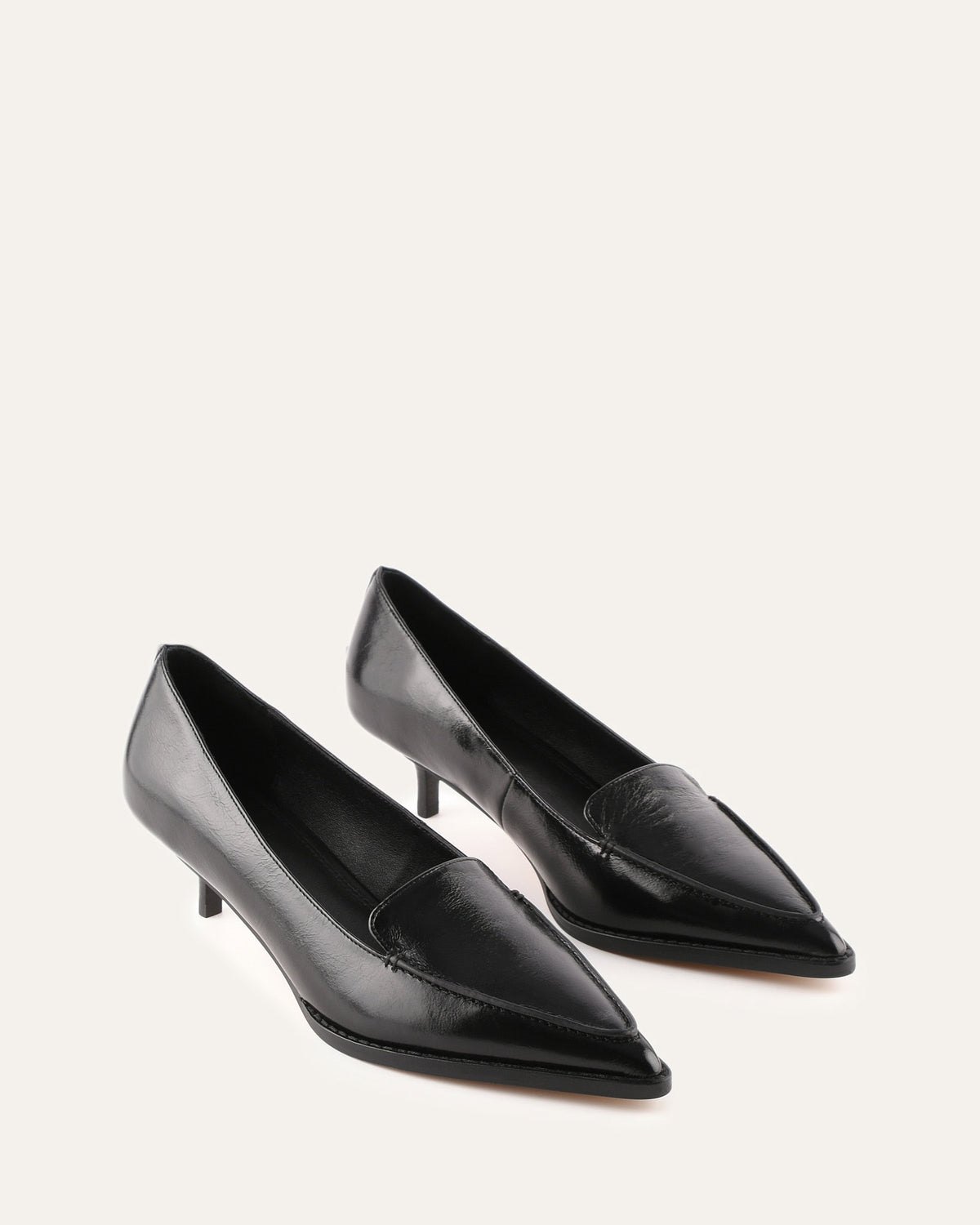 Pair of black high-heeled shoes on a white background