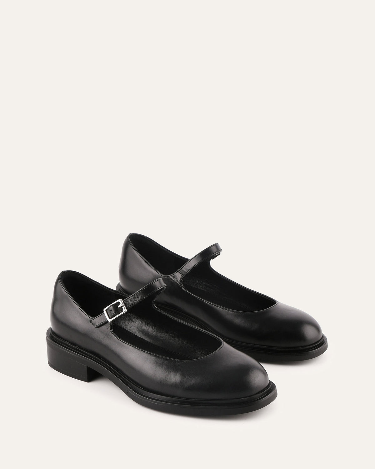 Pair of black leather shoes with a strap on a white background
