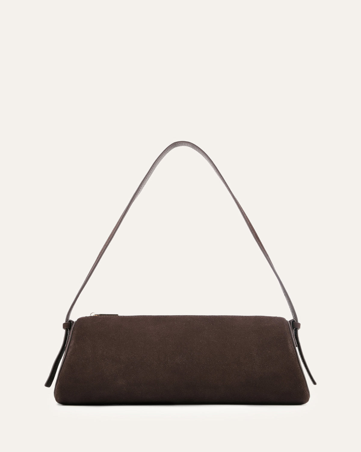 Brown handbag with a strap on a light gray background