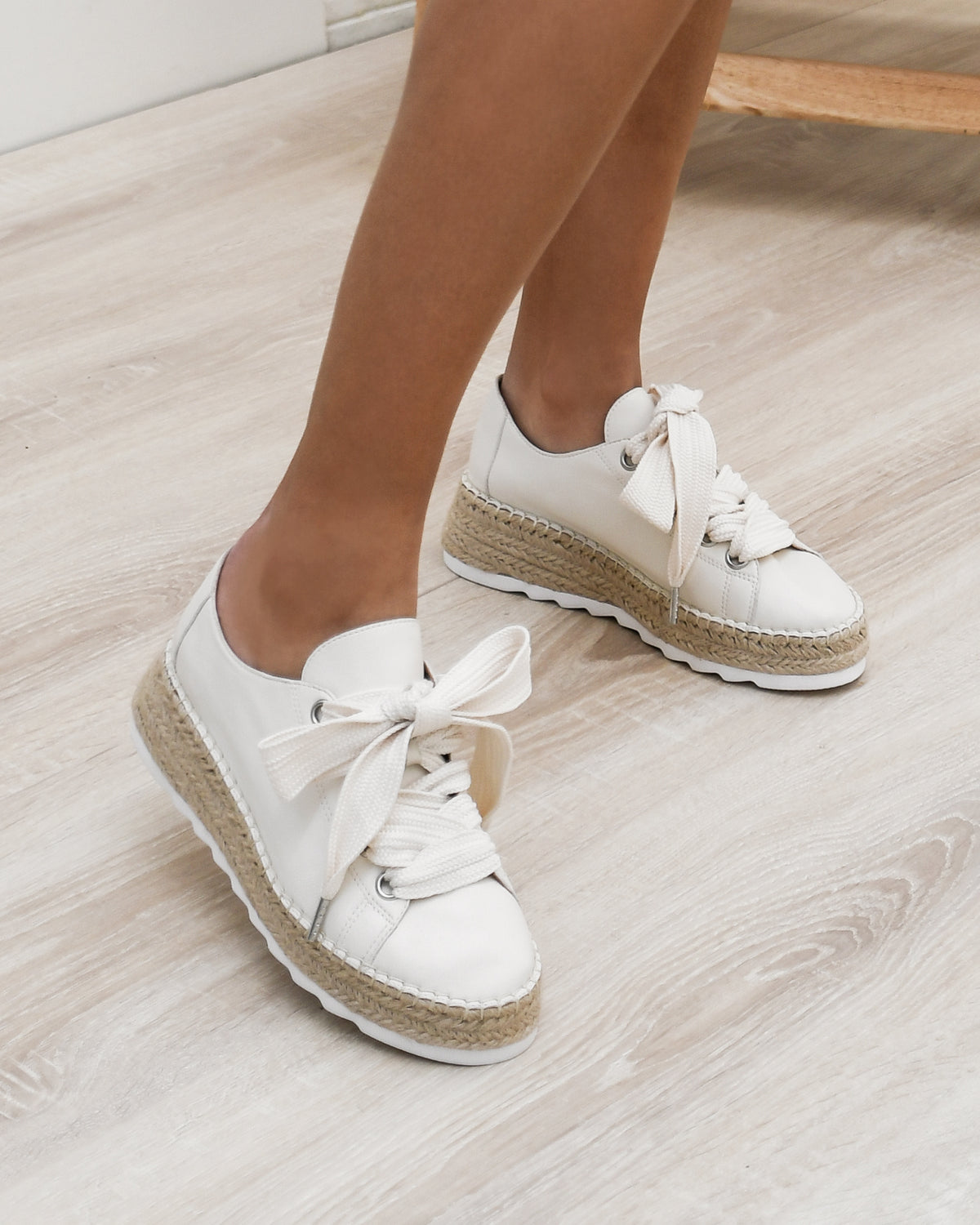 ANNIE LACE UP WEDGE ESPADRILLES WHITE LEATHER
