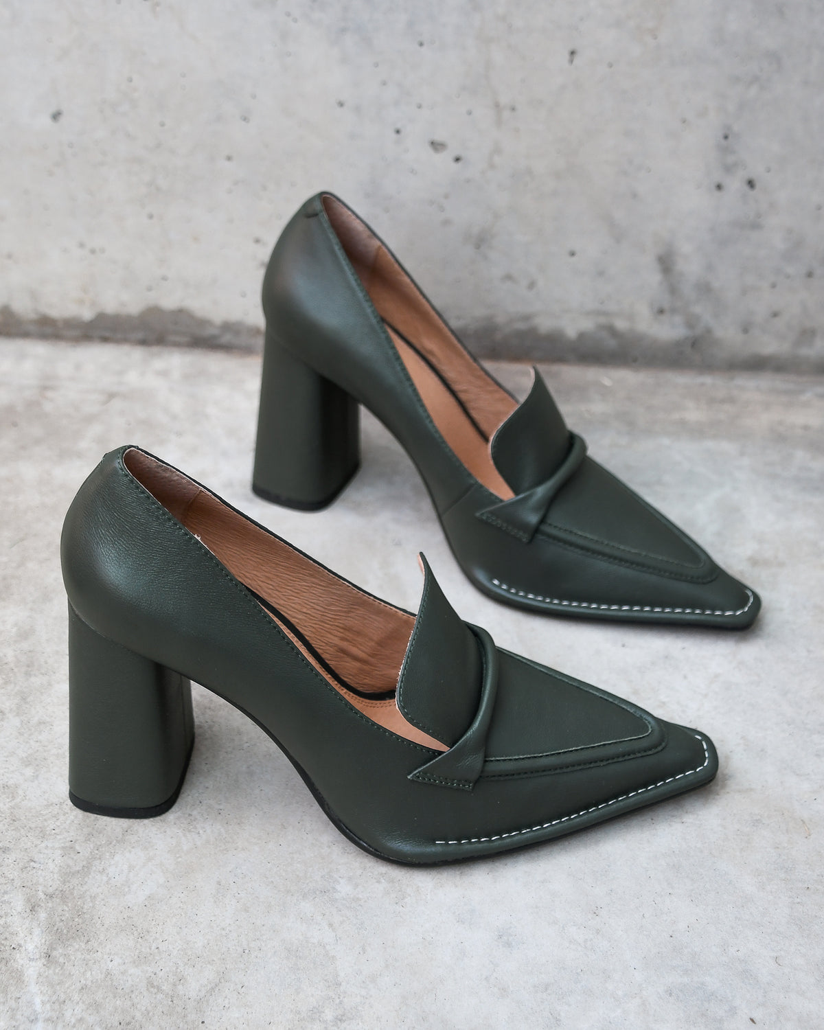 COVET HIGH HEELS OLIVE GREEN LEATHER